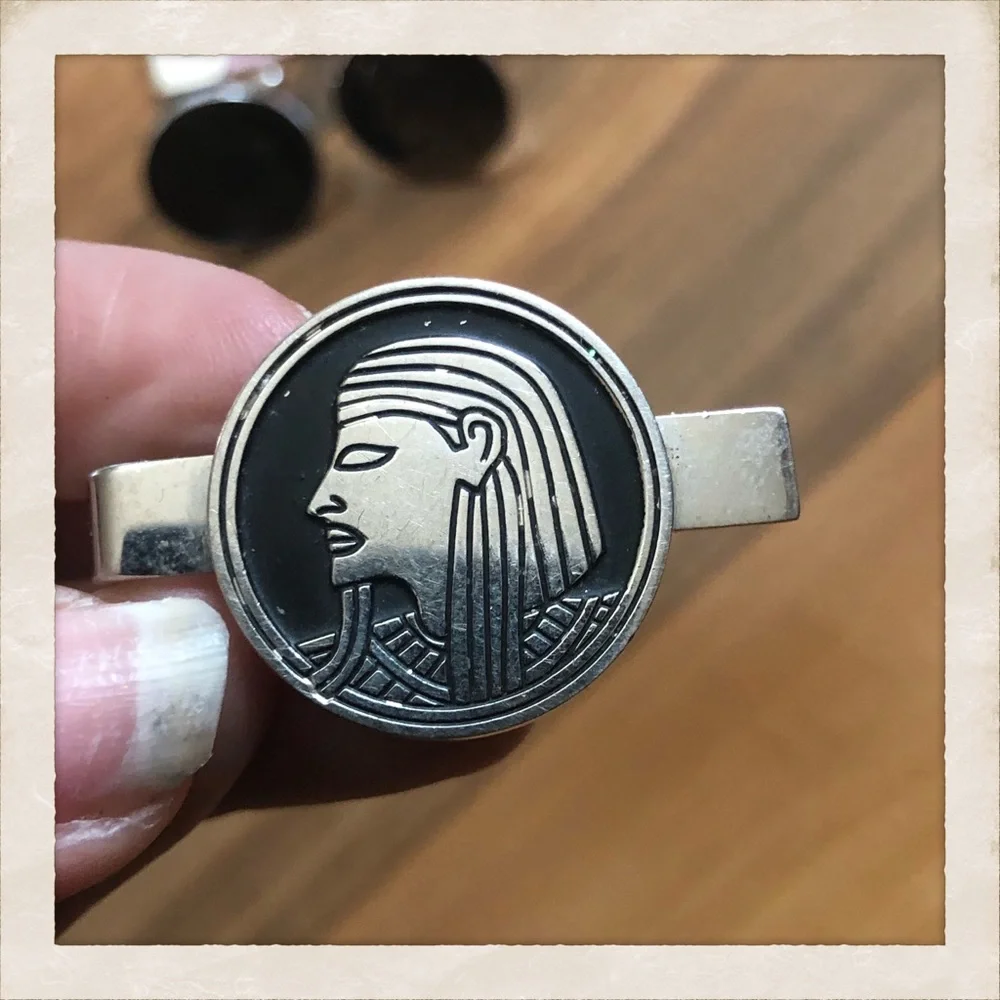 Vintage Egyptian SWANK Tie Clip & Cufflink Set in Black and Silver